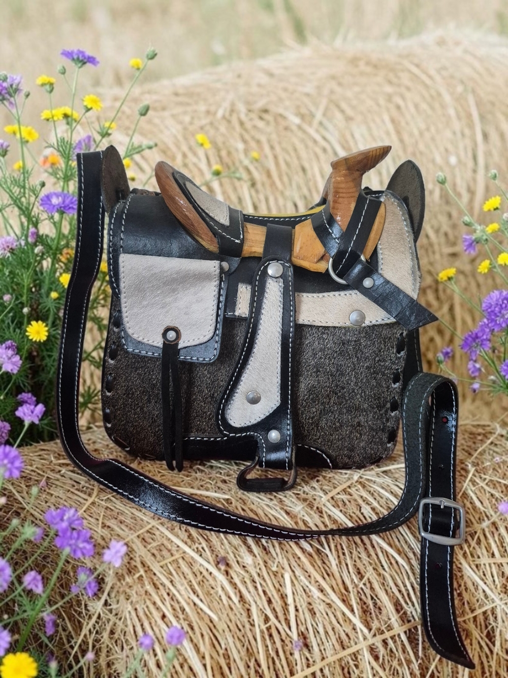 Handcrafted Black Tan Cowhide Leather With Real Wood Saddle-Style Crossbody Bag